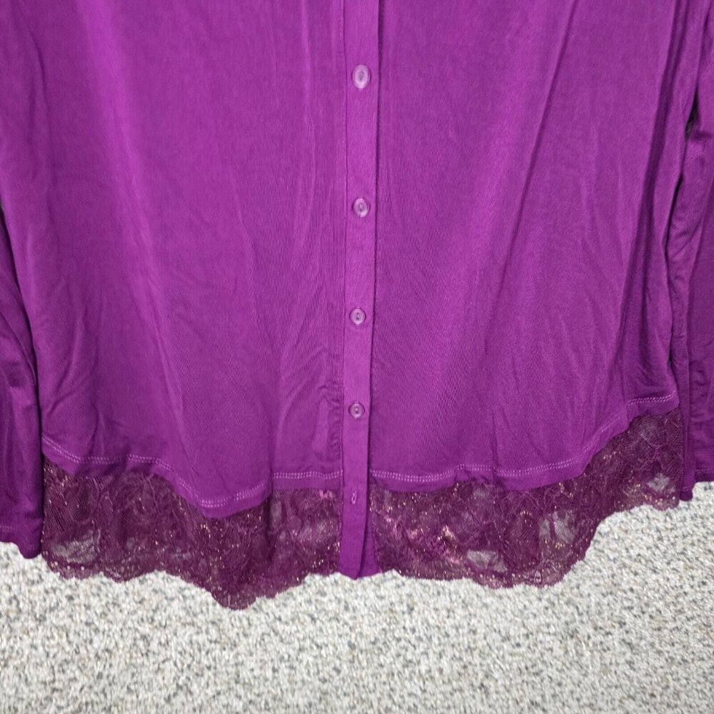 LOGO Lori Goldstein Cardigan Womens XS Purple Button Up Lace Trim Stretch Ladies - Picture 5 of 7